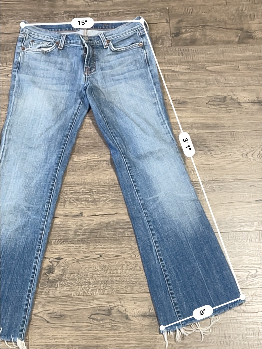 7 For All Mankind Medium Blue Flare Jeans with Raw Hem - Picture 5 of 6